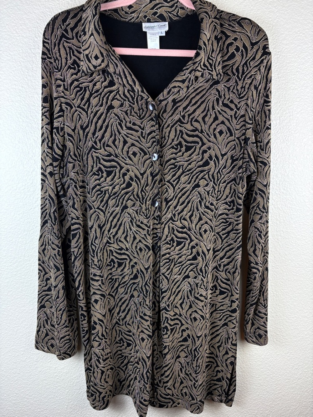 Coldwater Creek Black Taupe Travel Knit Button Front Long Line Cardigan Large